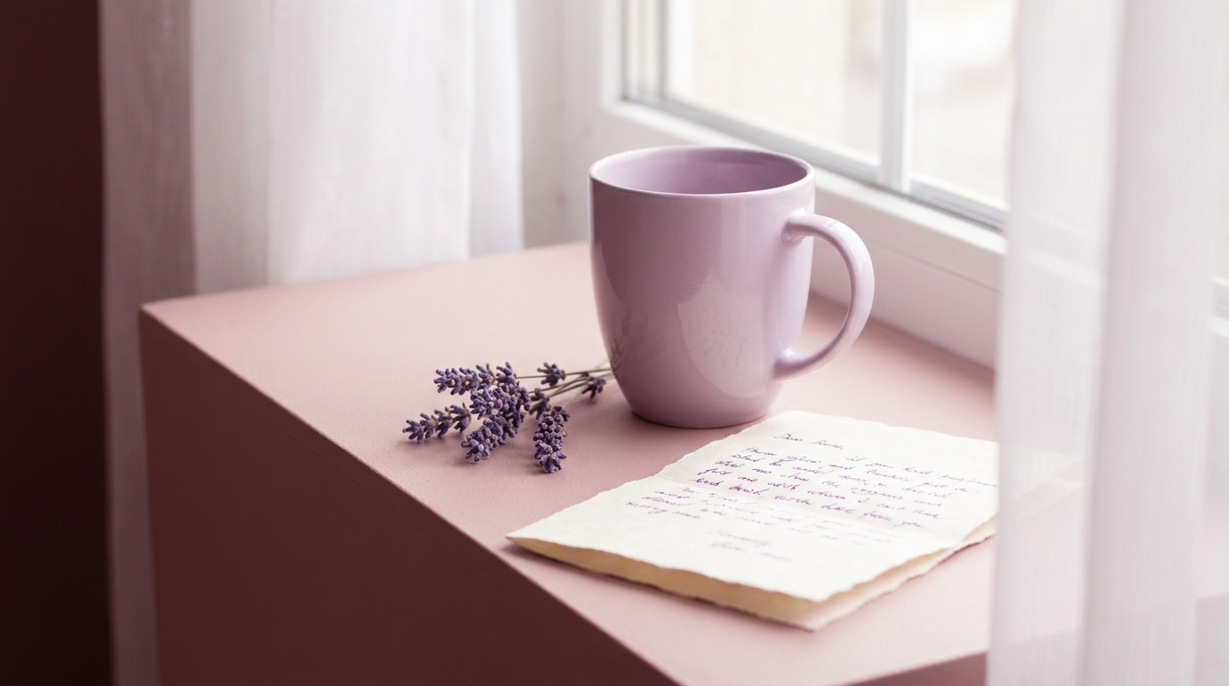 Lilac cup, handwritten note and lavender on a bright blush surface