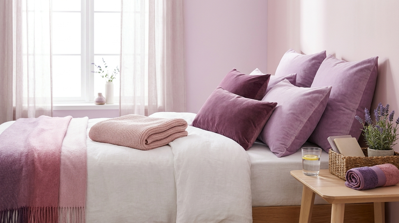 Soft lilac pillows, blush blanket and water on a bright bed for recovery