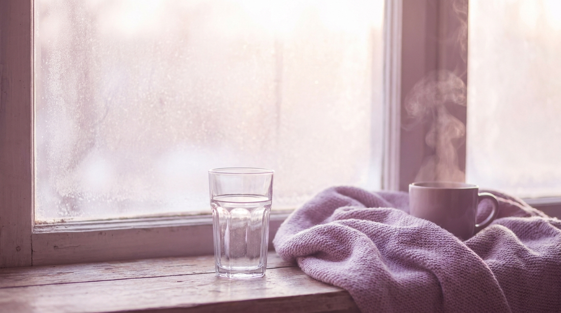 Glass of water and lilac blanket by a bright hazy window