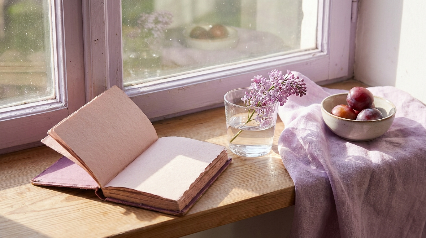 Open journal and a glass of water on a sunlit windowsill