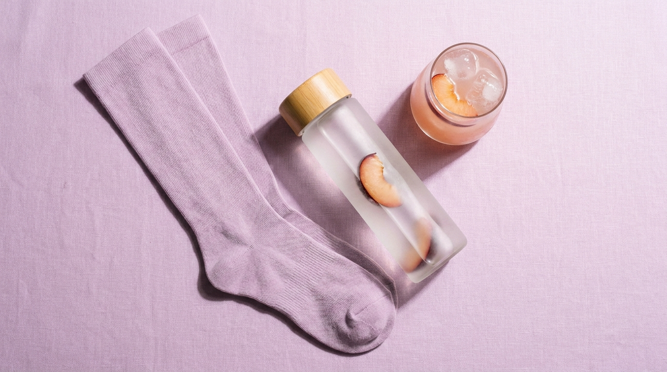 Lilac compression socks, water bottle and electrolyte drink flat-lay