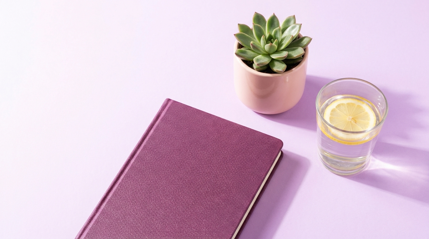Fresh notebook, small plant and water on a bright lilac surface