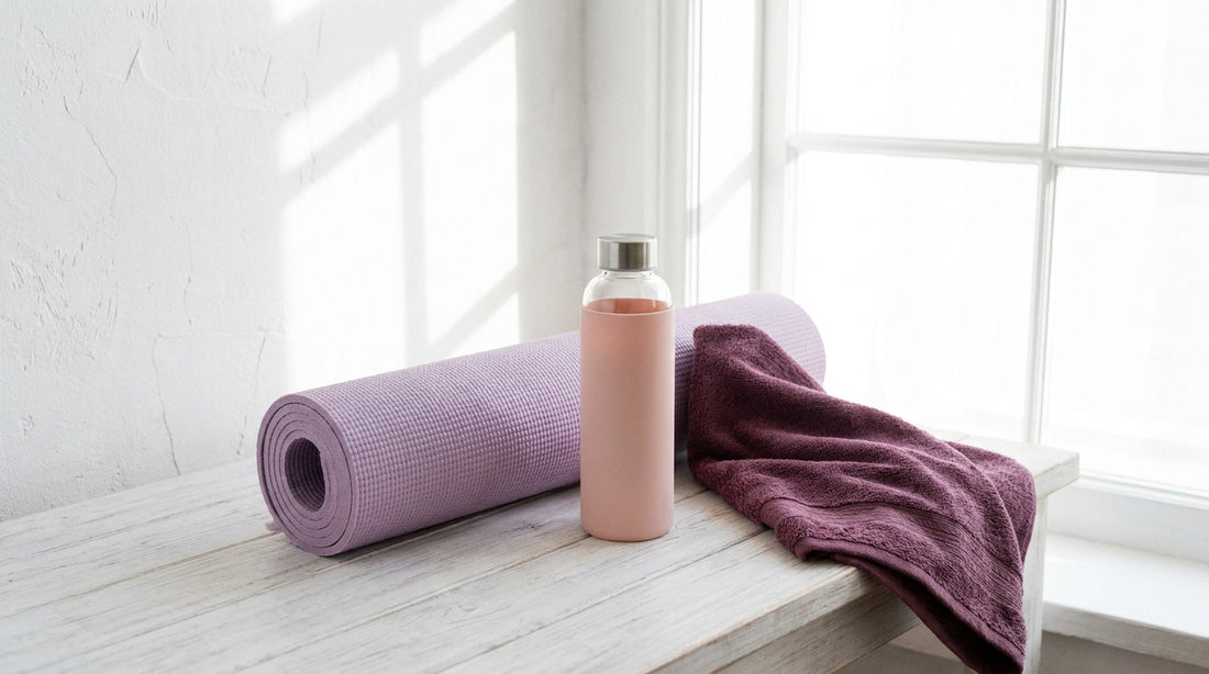 Rolled lilac yoga mat, water bottle and towel against a bright wall
