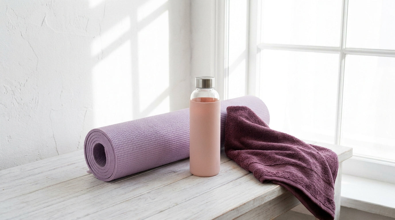Rolled lilac yoga mat, water bottle and towel against a bright wall