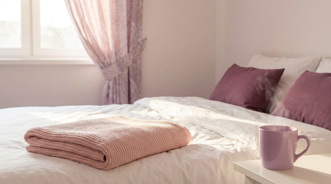 Folded blush blanket and steaming lilac mug in bright morning light
