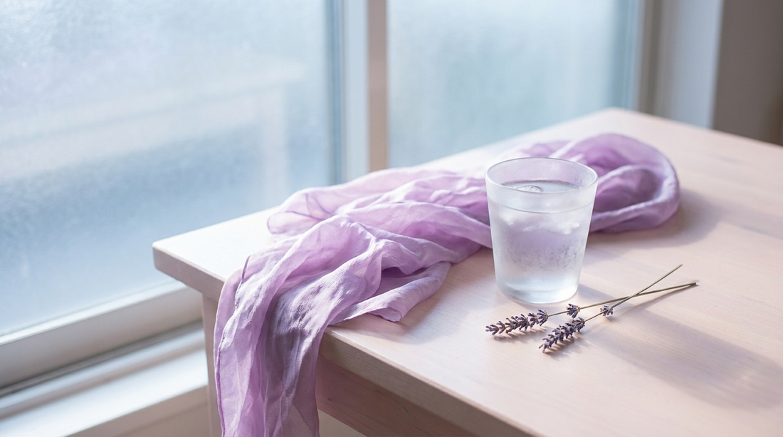 Soft lilac scarf, frosted glass of water and lavender by a bright window