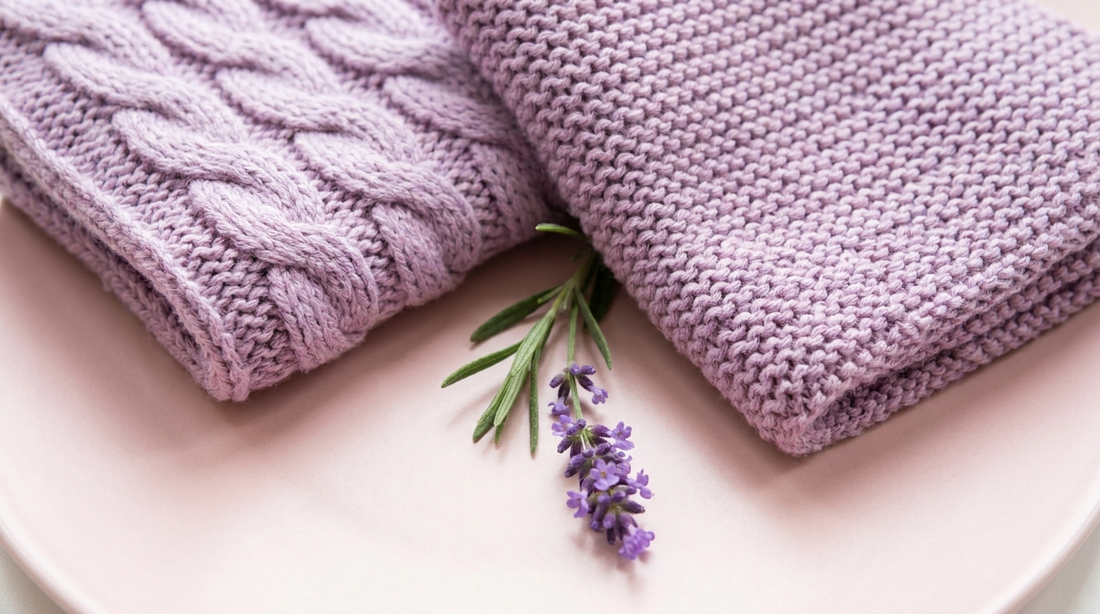 Two soft lilac knitted swatches side by side on a bright blush surface with lavender