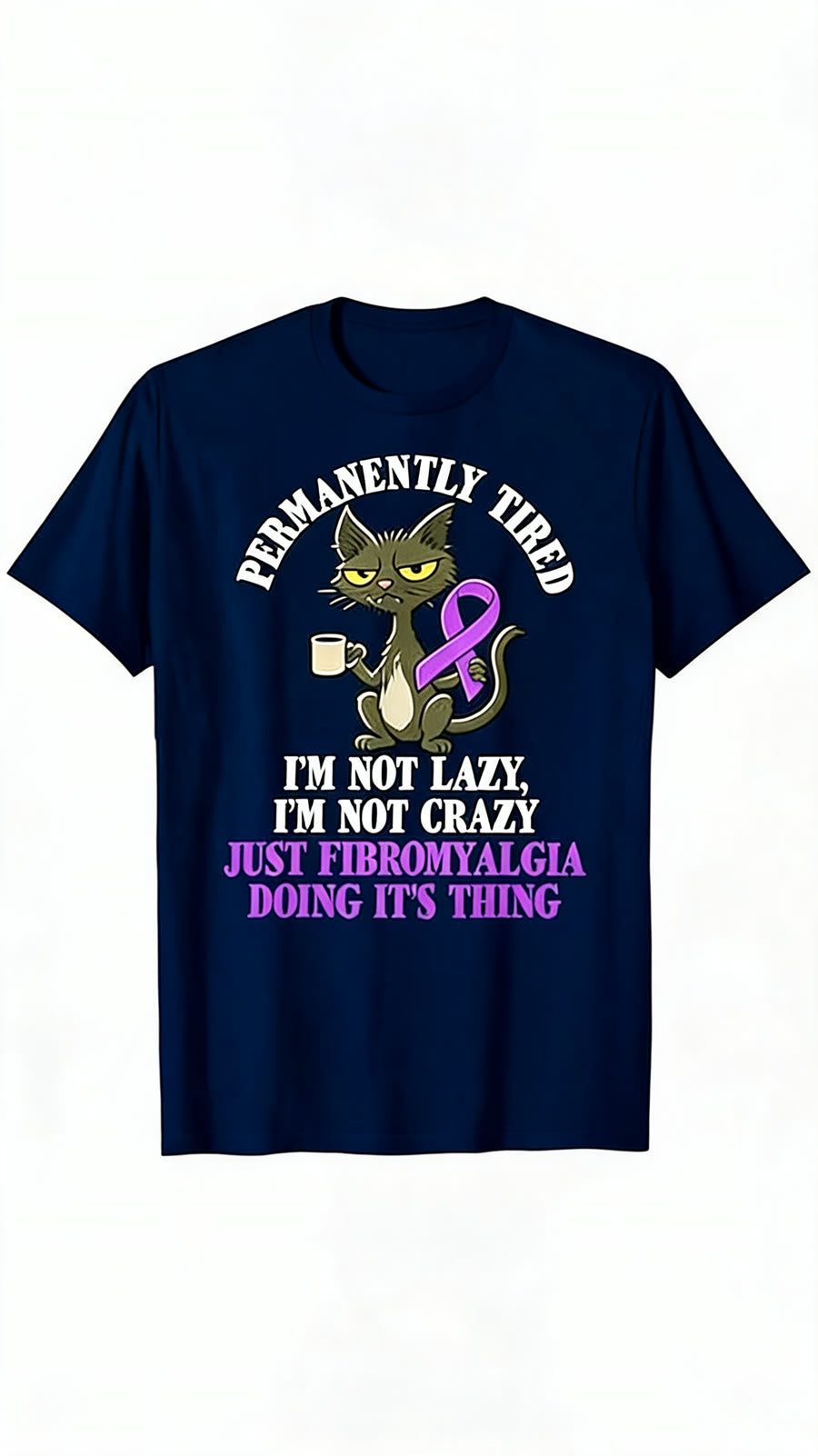 Permanently Tired Fibromyalgia Cat Tee - Navy