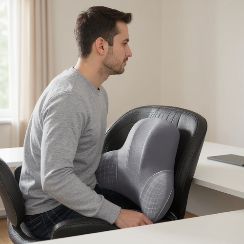 Man using the lumbar cushion at his lower back in an office chair