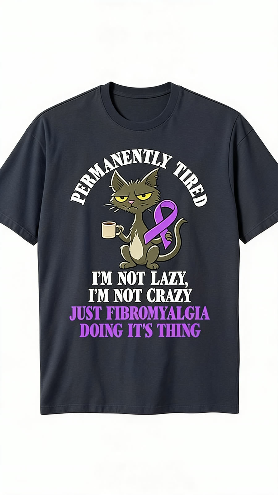 Permanently Tired Fibromyalgia Cat Tee - Dark Gray