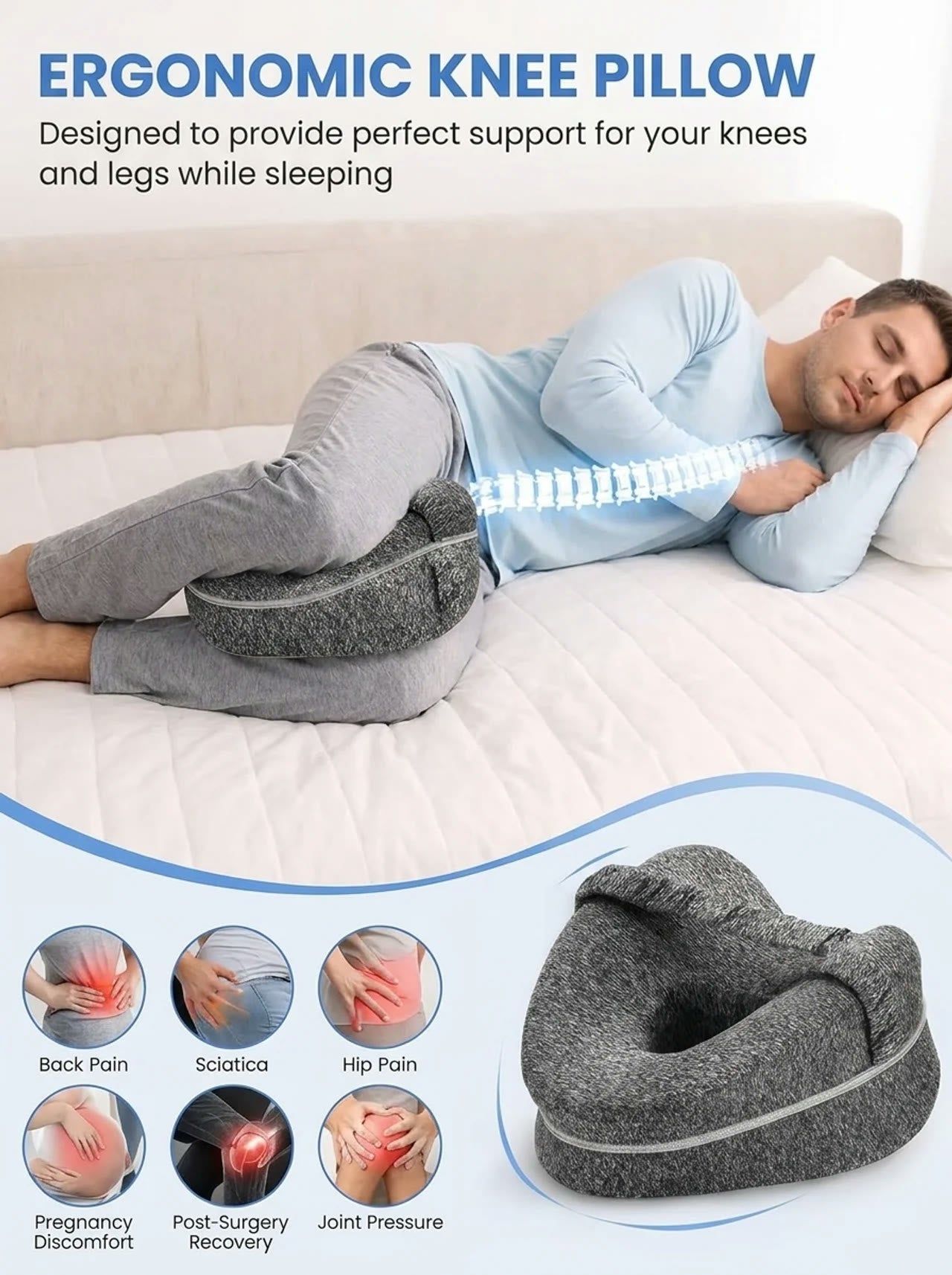 Ergonomic knee pillow for side sleepers - relieves back, hip, sciatica and joint pressure
