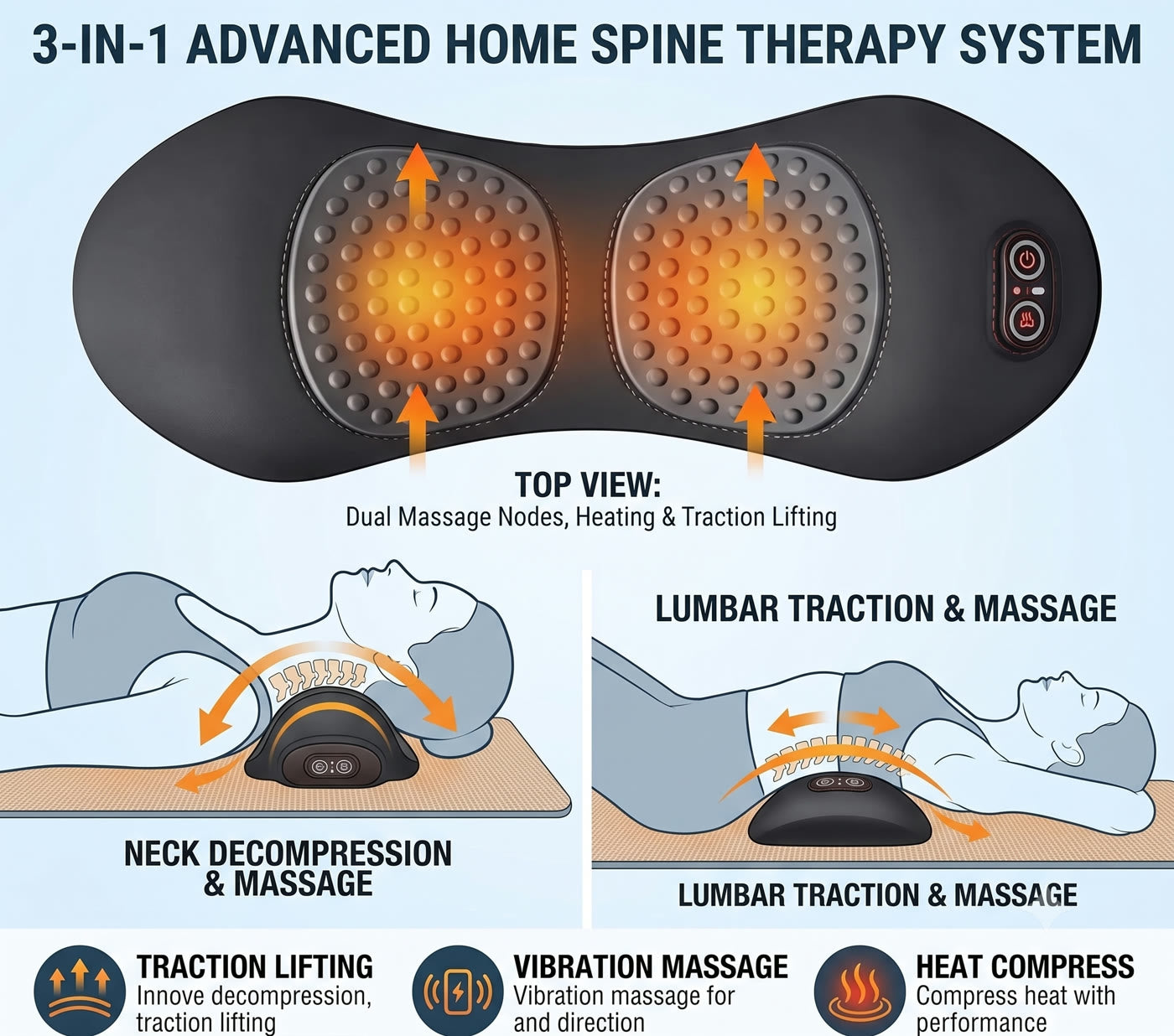 Soothing Warmth & Massage Back Cushion - 3-in-1 dual massage nodes, heating and traction diagram