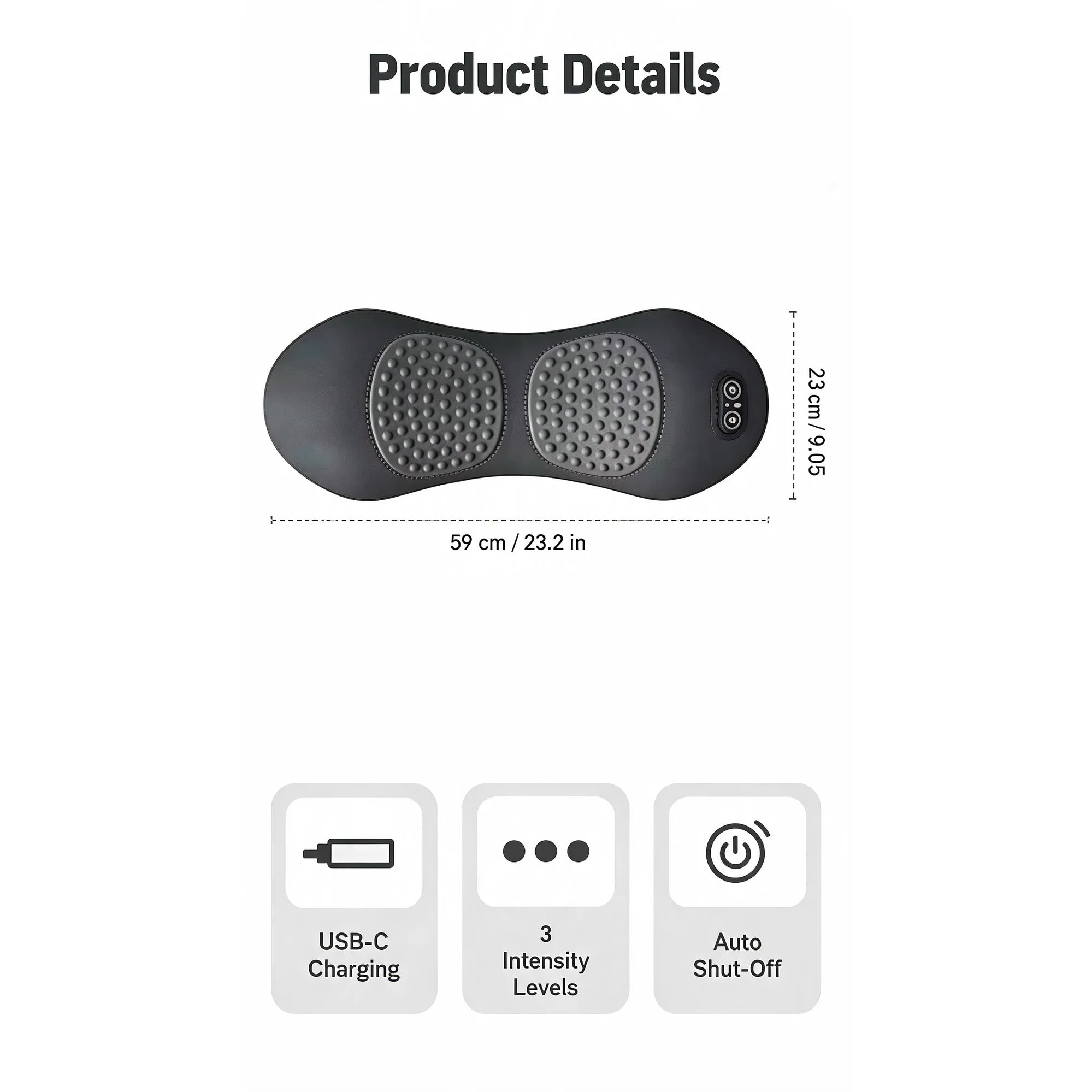 Soothing Warmth & Massage Back Cushion - product details, 59 x 23 cm, USB-C, 3 intensity levels