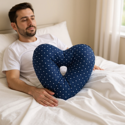 Man side-sleeping with the knee pillow between his knees