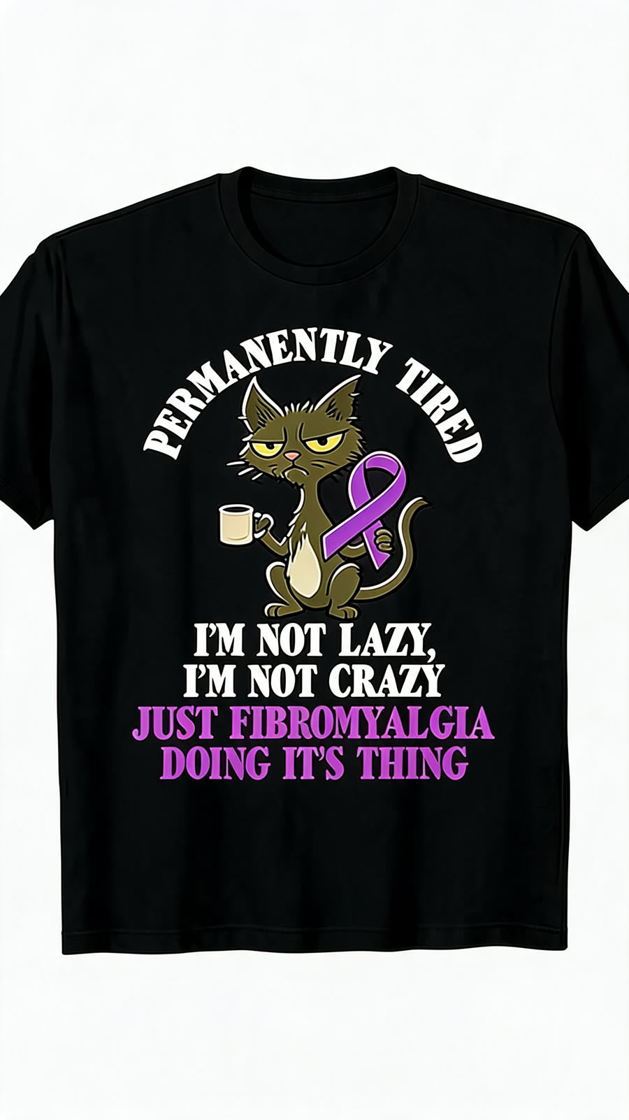 Permanently Tired Fibromyalgia Cat Tee - Black